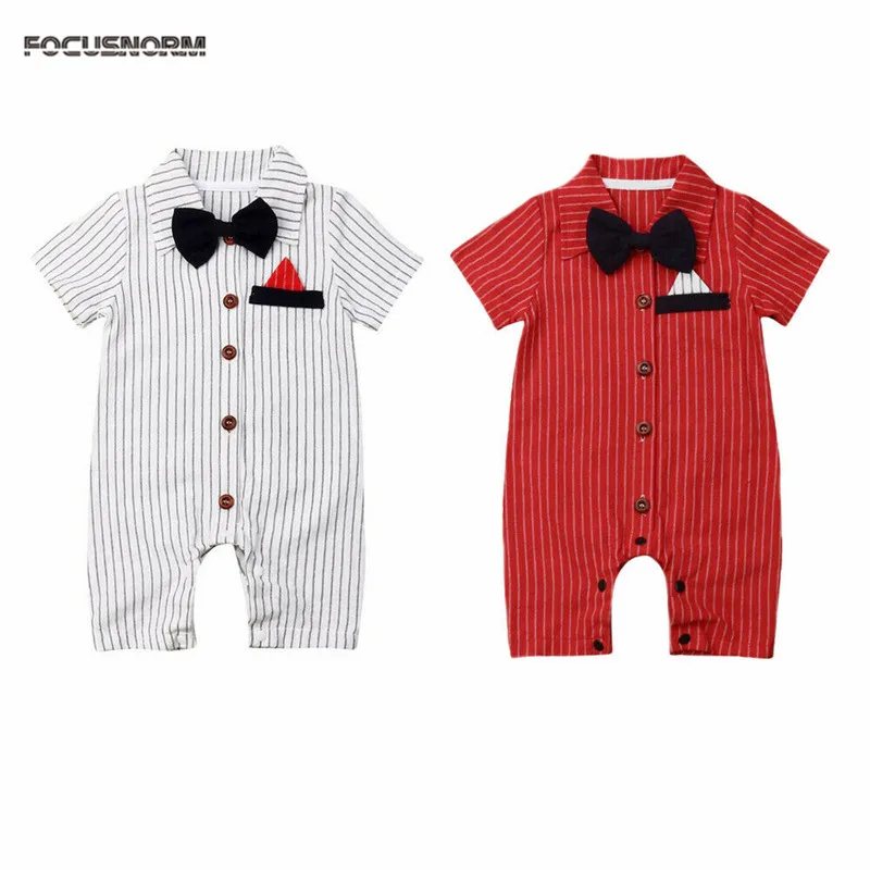 

2019 Baby Boys Wedding Christening Formal Romper Cute Stripe Bowknot Jumpsuit Playsuit Newborn Clothes 0 to 18M