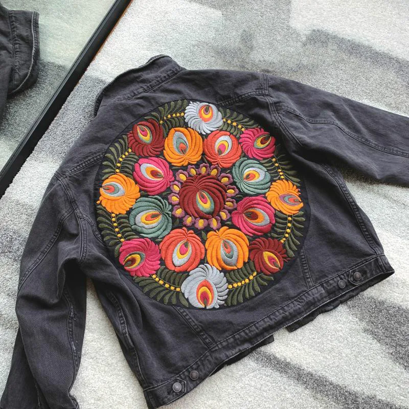 Kiyumi джинсовая куртка пальто Женская негабаритная Цветочная куртка с вышивкой длинный рукав Свободные повседневные осенние куртки с отложным воротником - Цвет: Gray