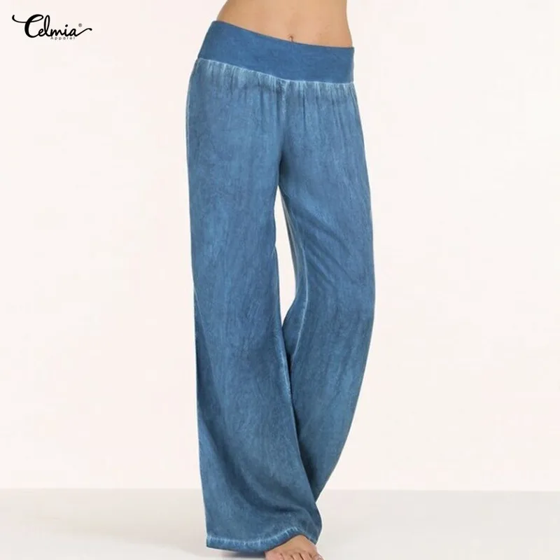 casual elastic high waist denim wide leg pants