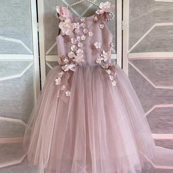 Lotus Pink Handmade 3D Appliques Flowers Tulle Gowns For Little Girls A-line Sleeveless Birthday Party Dress Kids | Мать и ребенок