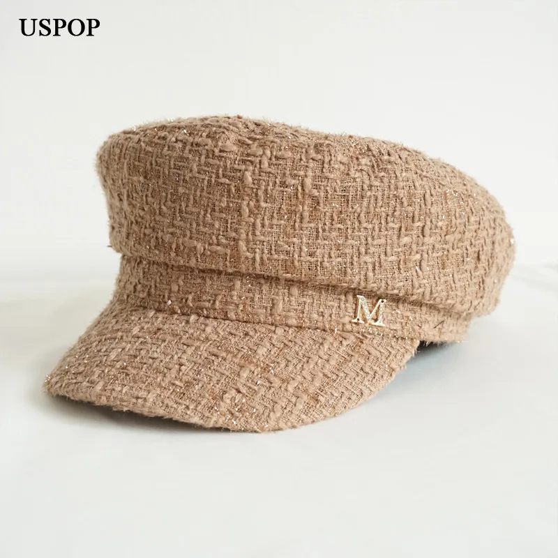 USPOP Brand Designer Fashion Winter Caps Women Diamond Letter Newsboy Caps Flat Solid Color Tweed Militray