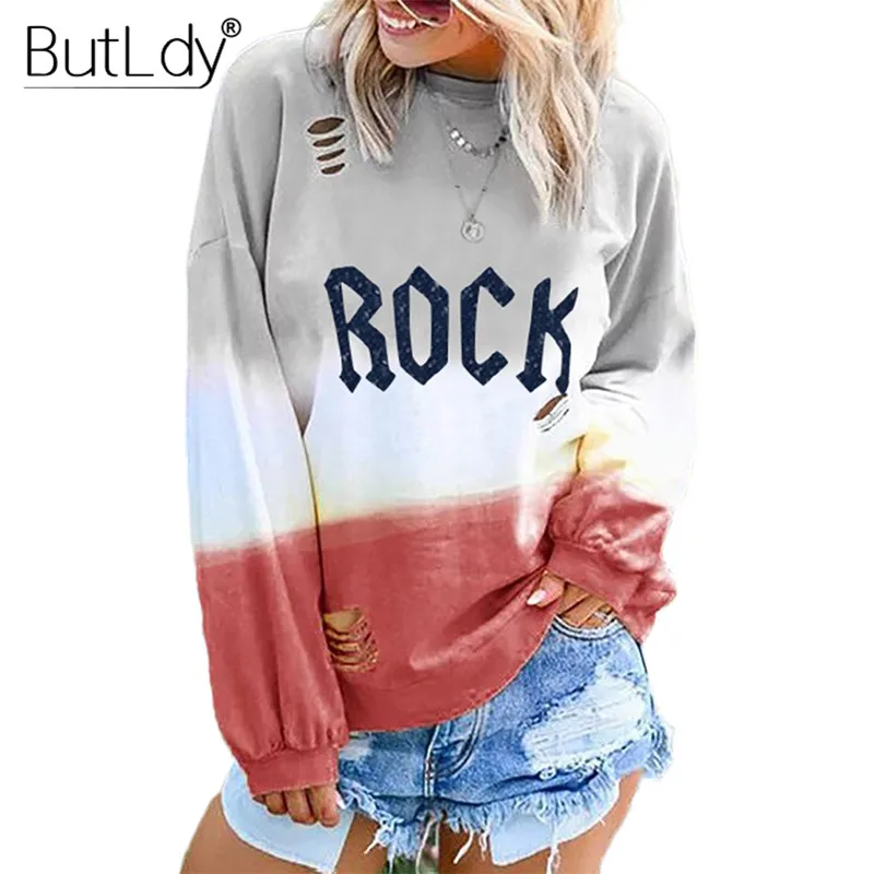 

Broken Hole Letter Rock Sweatshirt Women Print Long Sleeve Pullovers Hoodies Ladies 2019 Autumn Winter Hot Selling Sweatshirts