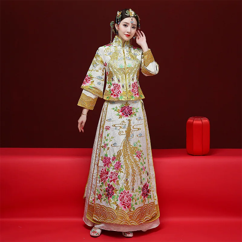 Азиатское свадебное платье невесты Qipao Vestidos наивысшего качества с вышивкой женское платье-Ципао тонкое женское свадебное платье Tang Customes