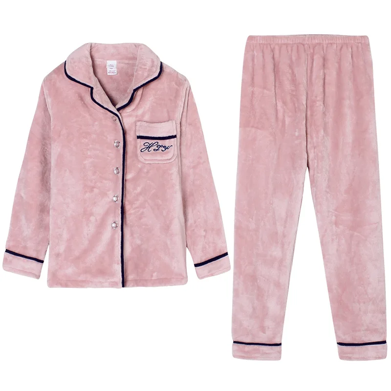 Winter Plush Ladies Pajamas Long Sleeve Lapel Solid Color Plus Size Nightshirts and Nightpants Home Two-piece Clothing