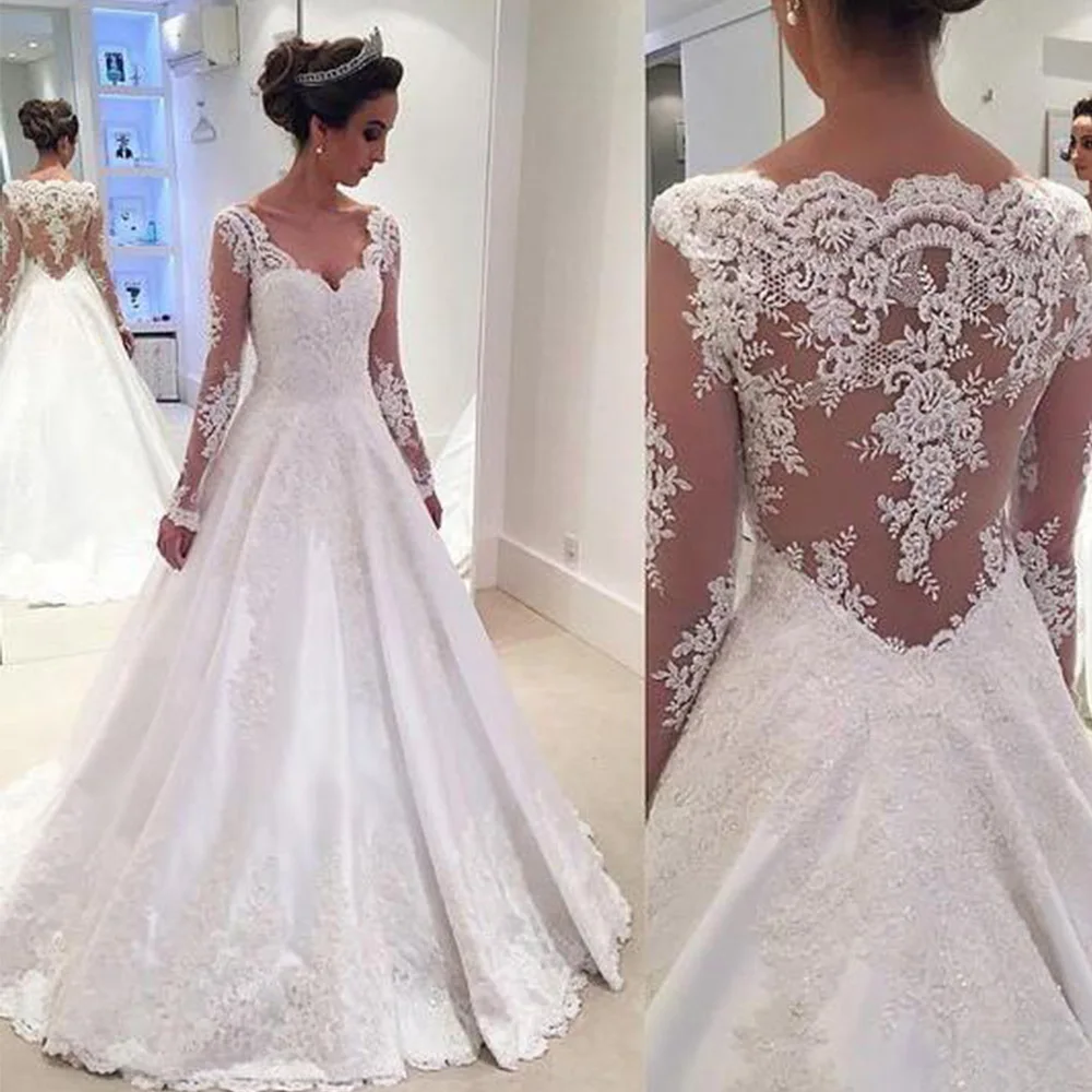 

Wedding Dresses White Ivory Appliques Sweetheart Vintage A-Line Long Sleeve Plus Size Vestido De Noiva Marriage Custom Made Size