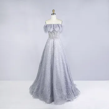 

Sliver Prom Dresses with Short Sleeves Sexy Strapless Beaded Sequins Sweet Girl Party Evening Gowns Floor Length Tulle Lace up