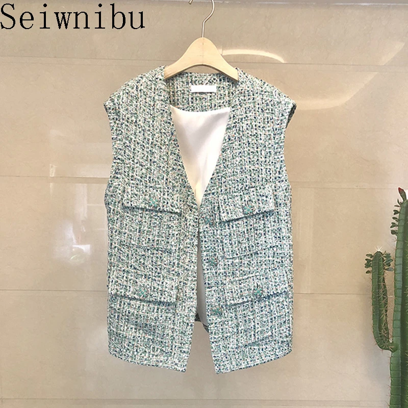 

2019 Autumn Winter New Water Blue Tweed Silhouette Loose Cardigan Wild Jacket Female Single Breasted Coat