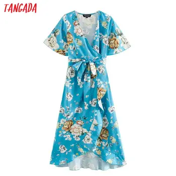 

Tangada fashion women blue floral print dress 2020 summer v neck short Sleeve Ladies midi Dress with slash XN480