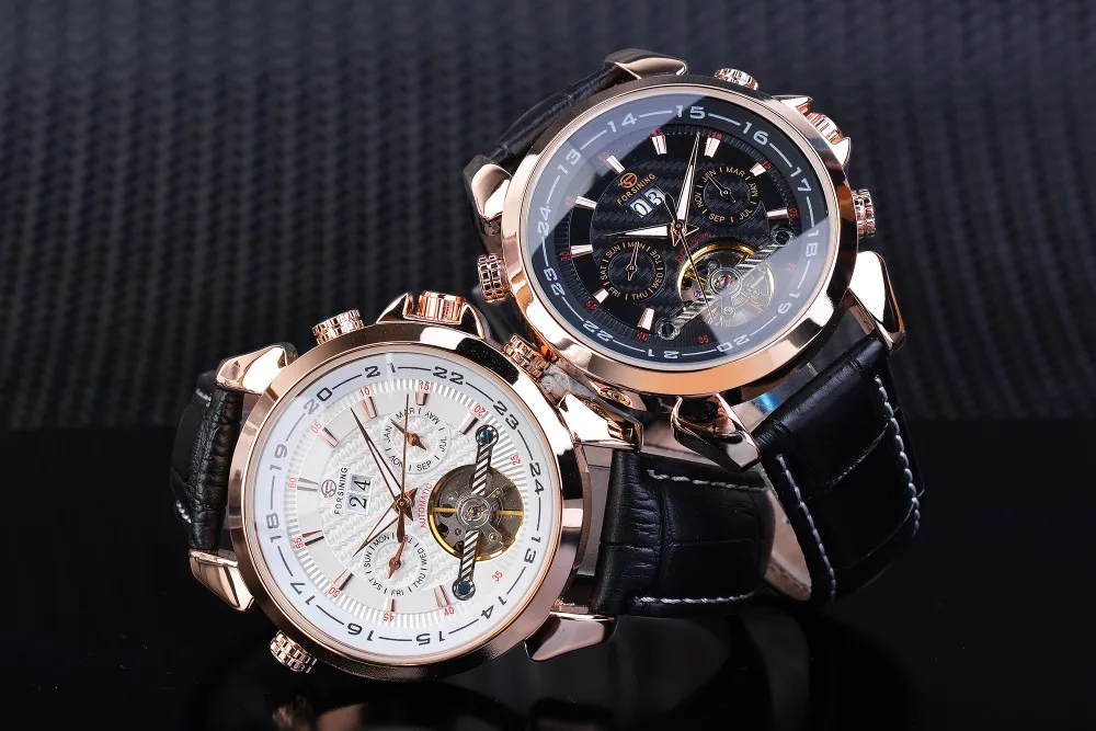 Forsining бренд Tourbillon Мужские механические часы Золотая фаза Луны Автоматическая Дата Натуральная кожа ремешок мужской платье часы Relojes