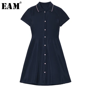 

[EAM] Women Dark Blue Button Split Temperament Dress New Lapel Short Sleeve Loose Fit Fashion Tide Spring Summer 2020 1U412
