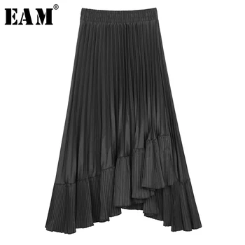 

[EAM] High Elastic Waist Black Asymmetrical Pleated Temperament Half-body Skirt Women Fashion Tide New Spring Autumn 2020 1S154