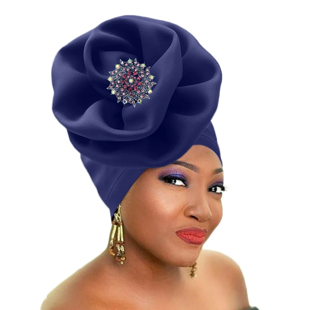 African headtie women auto gele stretch turban rose flower shape headwraps (10)