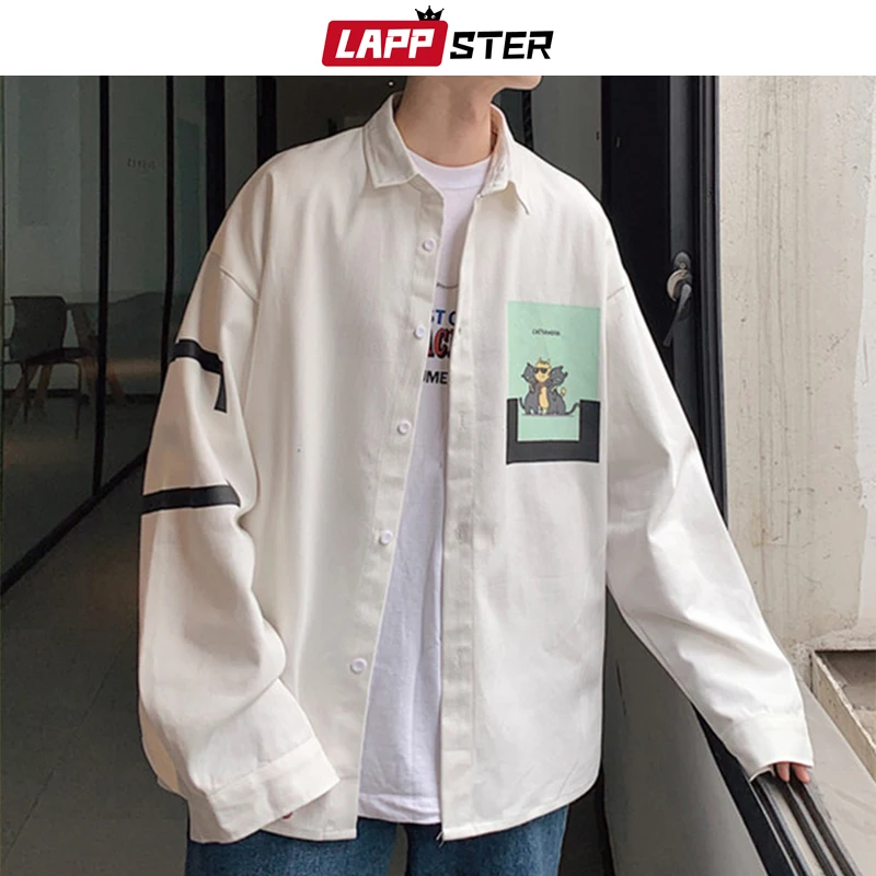 LAPPSTER Мужская Уличная рубашка с забавным принтом кота Мужская s графическая Harajuku белая рубашка рубашки с длинными рукавами негабаритные корейские рубашки