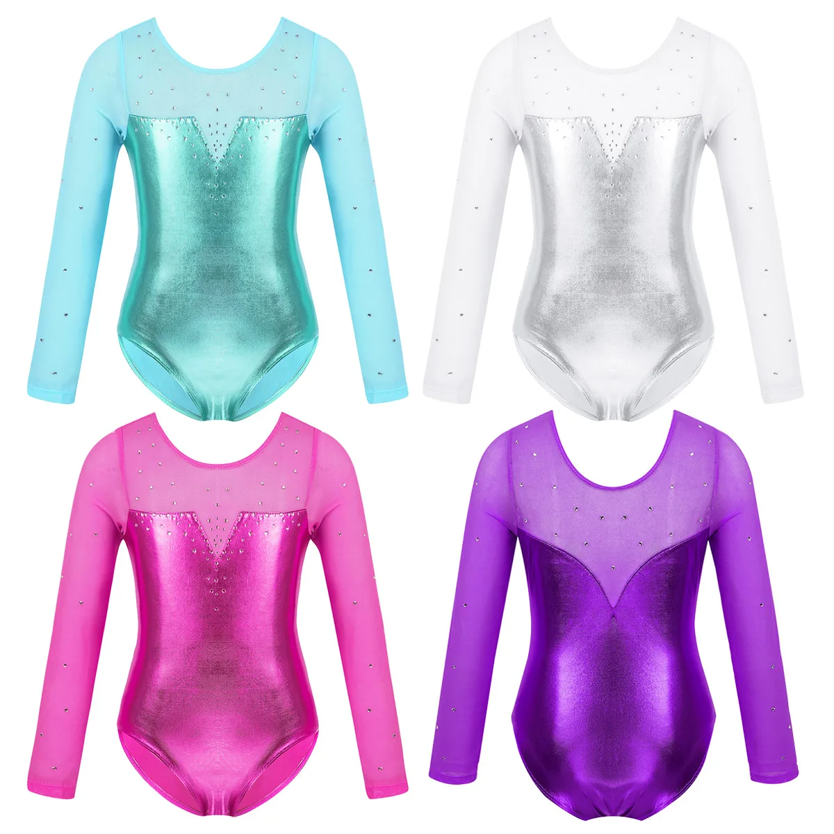 Kids Girls Sparkly Rhinestone Metallic Long Sleeve Mesh Ballet Dance Gymnastics Leotard Bodysuit Jumpsuit Modern Dancewer ballet leotard,dance leotard