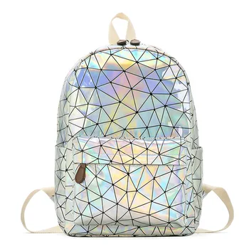 

Laser Young School Backpack Women Leather Geometric Backpacks Girl Concise Silver Backpack Large Capacity Holographic Backpack