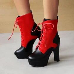 Flock Stitching PU Lace-Up Ultra-High Thick-Heeled Women’S Mid-Calf Boots Waterproof Platform Plush Lining Street Trend Shoes