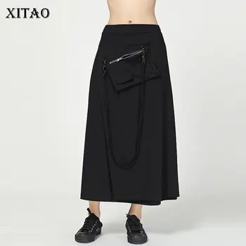 

XITAO Minoriity Retro Long Black Skirt for Women Irregular Plus Size Splice Pocket Summer Clothes Casual New Summer XJ1658