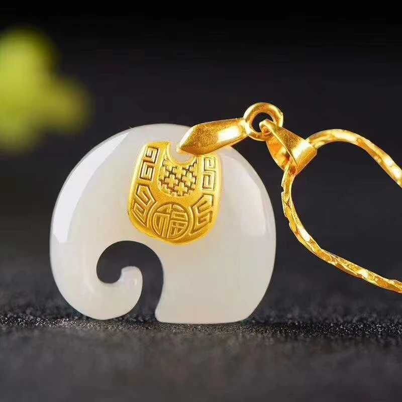 LETSFUN, хорошее ювелирное изделие, 24K золото, китайский белый нефрит, подвеска в виде слона, ручной работы, Женское Ожерелье, драгоценный камень, золотые украшения