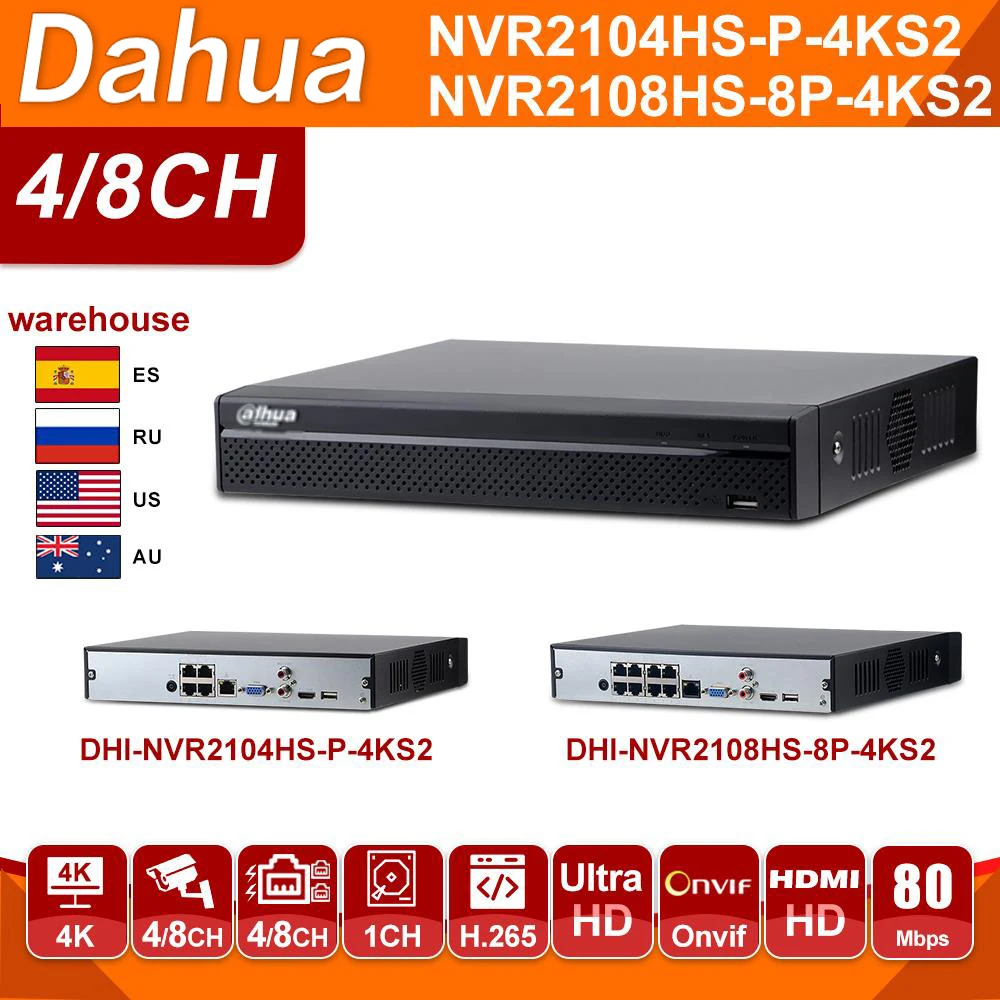Original Dahua Network Video Recoder NVR2104HS-P-4KS2 NVR2108HS-8P-4KS2 4CH 8CH POE NVR 4K H.265 POE CCTV System Security Kit