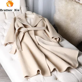 

2020 New 100% Wool Coat High Quality Woolen Coats Solid Women's Long Coats Winter Autumn Jacket Outerwear Fashion Belt Warm Coat