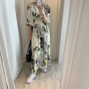 

Women Summer Half Sleeve Long Dress Fashionable Elastic Waist Ink Splashing Printing Loose Dresses Round Collar