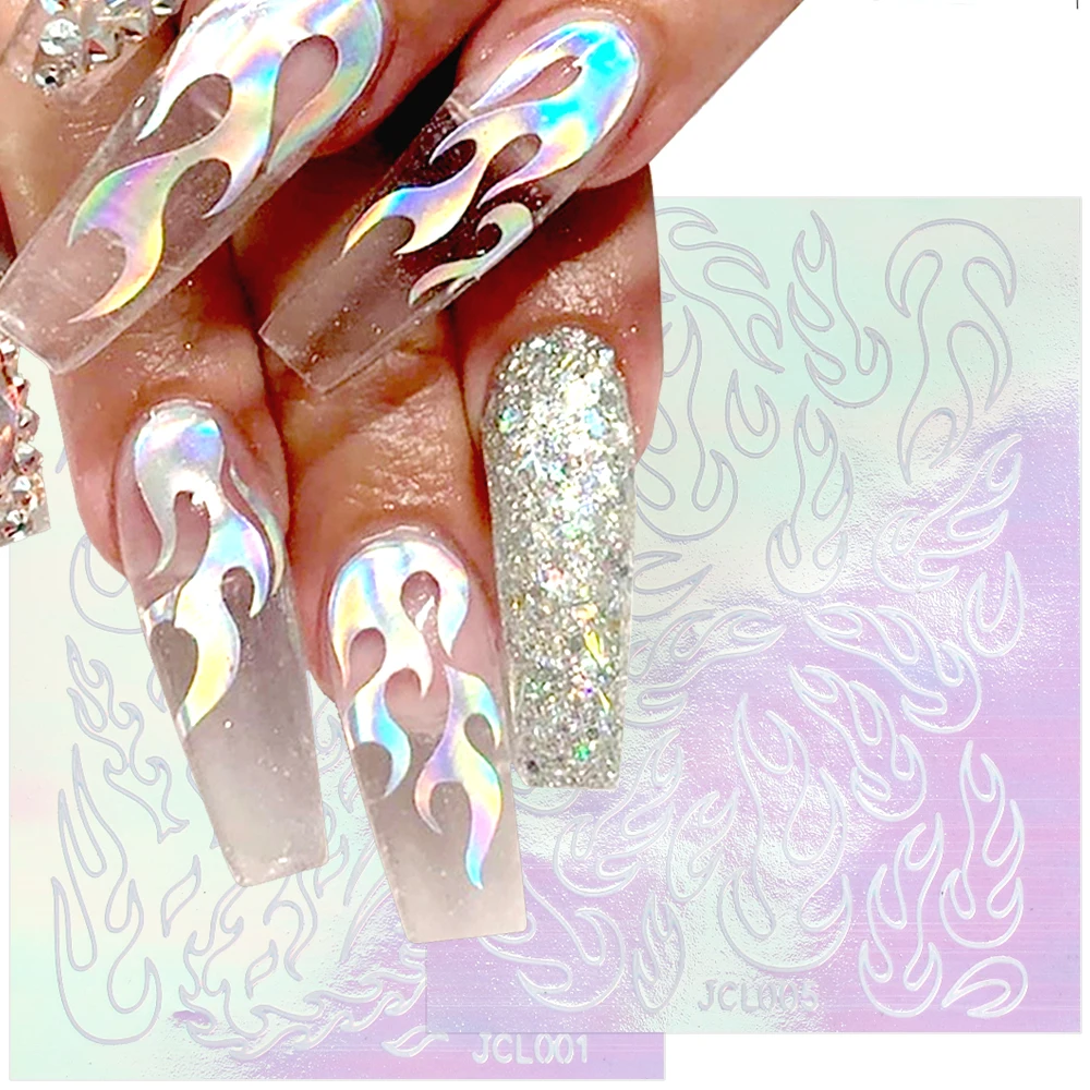 10 шт., стикеры 3D на ногти Nail Art с пламенем, голографические лазерные наклейки, огненный лист, Геометрические линии, слайдеры, фольги для ногтей, клейкие обертывания SA1525