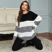

Casual Full Sleeve Striped Plus Size Knitted Pullovers Sweater Tops for Women Jumper Sweater 2021 Autumn Winter New