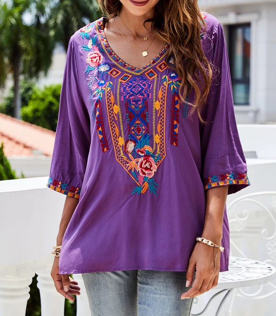 Eaeovni Embroidered Shirts for Women Boho Tops and Blouses 3/4 Sleeve  Bohemian Peasant Summer Fall Tunic Top - AliExpress