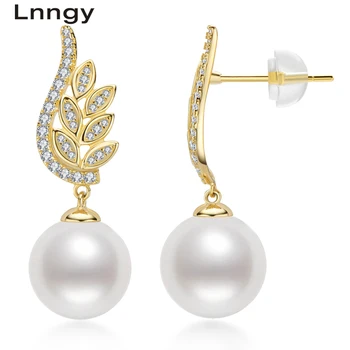 

Lnngy 925 Sterling Silver 10mm Natural Cultured Freshwater Pearl Feather Drop Earrings Women Wedding Drop Earrings Jewelry Gift