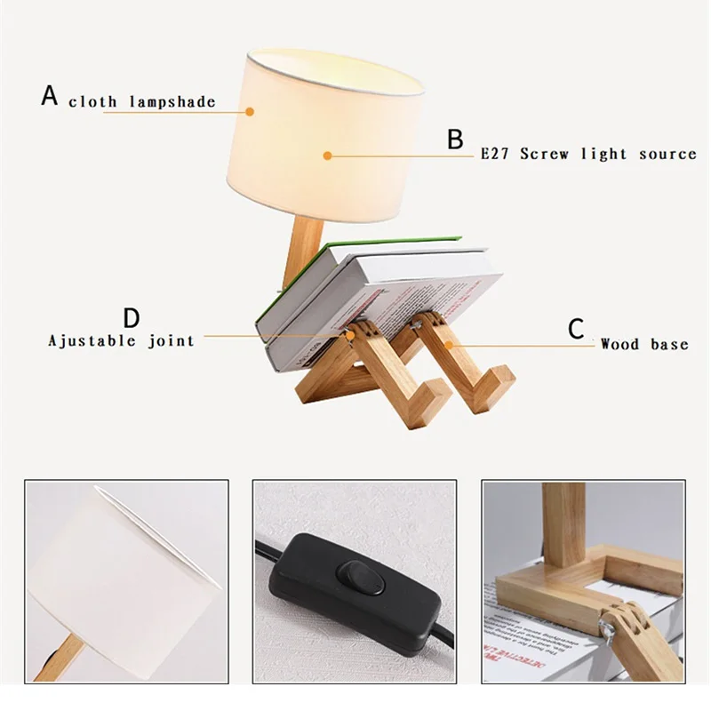 Kopen LED E27 Robot Vormige Houten Slaapkamer Tafellamp Kantoor Woonkamer Nachtlampje Voor Indoor Studie Creatieve Vouwen Leeslamp luz