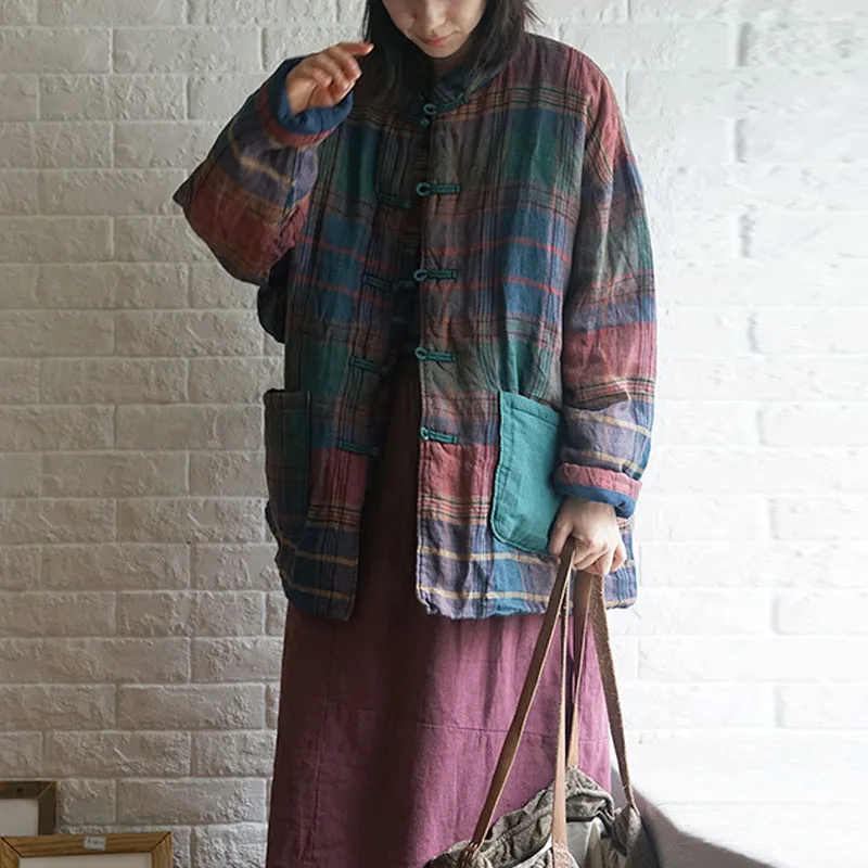 Johnature Winter Fashion All-match Plaid Plate Buckle Warm Cotton Thick Coat New Cotton Linen Long Sleeve Women Retro Coats
