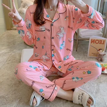 

2020 Spring Autumn Premium Pajama Sets For Women 2 Pcs Long Sleeve Lapel Pyjamas Loose Comfort Pijama Woman's Night Sleepwear