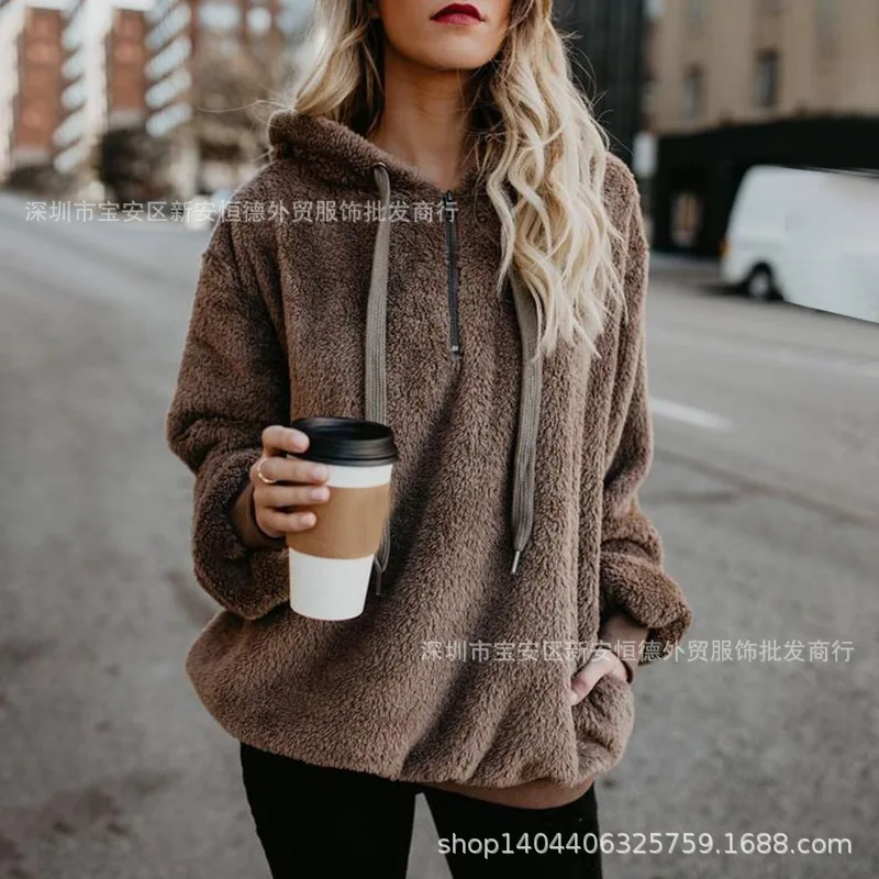 Dark khaki Зимние теплые Повседневное двойной Fuzzy 1/4 толстовка на молнии из искусственного флиса карман с длинными рукавами больших размеров подстежка на искусственном меху из пуловера с капюшоном пальто - Цвет: Dark khaki