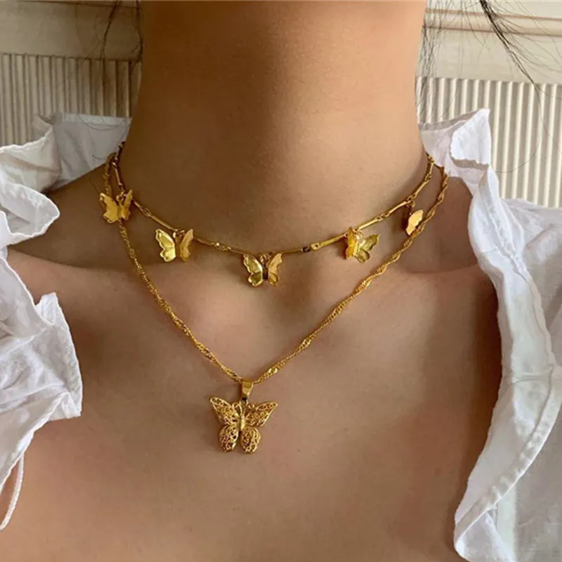 

New Fashion MultiLayer Butterfly Necklace Women Gold Exquisite Hollow Butterfly Pendant Layered Necklaces Jewelry For Girls