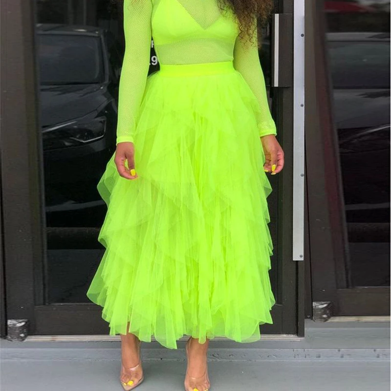 Wedstrijd tack Zeeslak Bright Green Gelaagde Tule Rok Mode Ruches Enkellange Vrouwen Maxi Rokken  Custom Made Neon Groene Tutu Gown|Rokken| - AliExpress