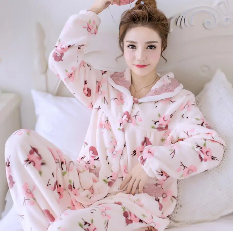 Зимние толстые теплые женские пижамные комплекты с длинными рукавами бархатные пижамы пижамные комплекты Домашняя одежда с животными толстый домашний костюм - Цвет: Color 1