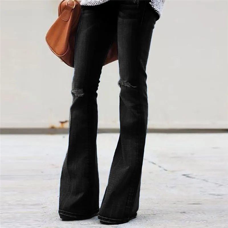 Black Модные рваные джинсы для женщин, обтягивающие винтажные джинсы с высокой эластичностью из денима с дырками для женщин размера плюс, растягивающиеся расклешенные брюки со средней талией E15 - Цвет: Black