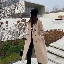

Vintage Mid-length Over The Knee Woolen-clothes Coat Women Autumn New Korean Casual Beige Elegant Double Breasted Female Outwear