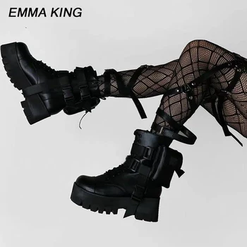 

Women's Boots Pocket Lace up Ladies Ankle Boots Female Runway Buckle Strap Ankle Boot Woman Platform Shoes Fashion 2020 Newest
