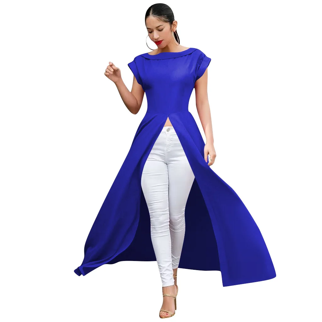 

Short Sleeve Round Neck High Split Women Long Dress Rock Ladies Streetwear Plus Size New Slimming Pure Color Party Dresses