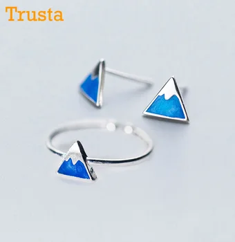 

Trusta 100% 925 Solid Real Sterling Silver Jewelry Blue Triangle An iceberg Earring Opening Ring For Teen Girl Lady Gift DS988