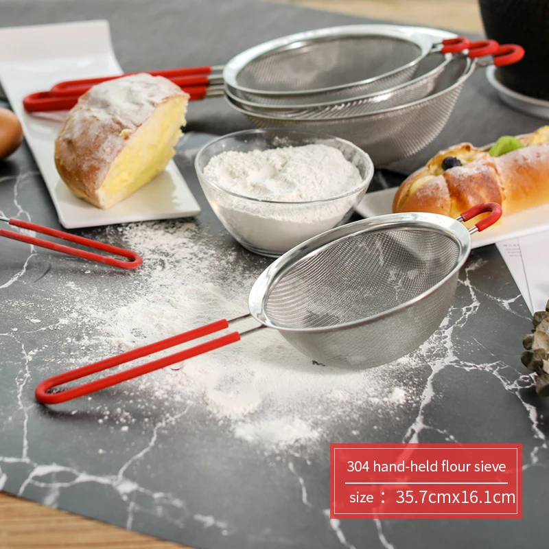 304 stainless steel baking tool flour sifter household flour flour sifter sieve hand held scrub-proof - Цвет: 35.7cm16.1