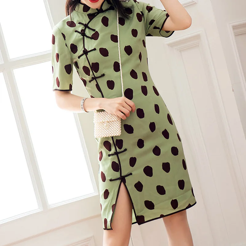

Manufacturers Direct Selling 2019 Summer New Style Women's Polka Dot Vintage Printed Improved Short New Young Cheongsam 19283