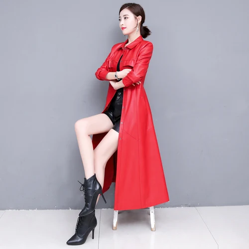 Длинный кожаный женский осень и зима корейский Тонкий ветровка мех один ягненок толстое длинное пальто - Цвет: red