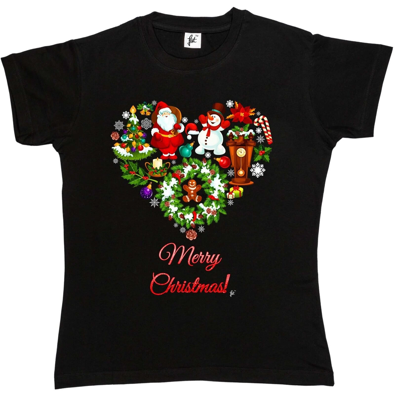 

Merry Christmas Heart With Snowman &Amp Santa Tree Womens Boyfriend Fit T-Shirt