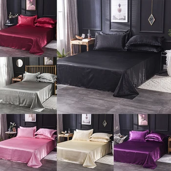 

Bed Sheet Set 1pcs King Full Queen Size Luxury Bedspread Soft Solid Color Flat Sheet Satin Silk Bed Sheet black pink For adult