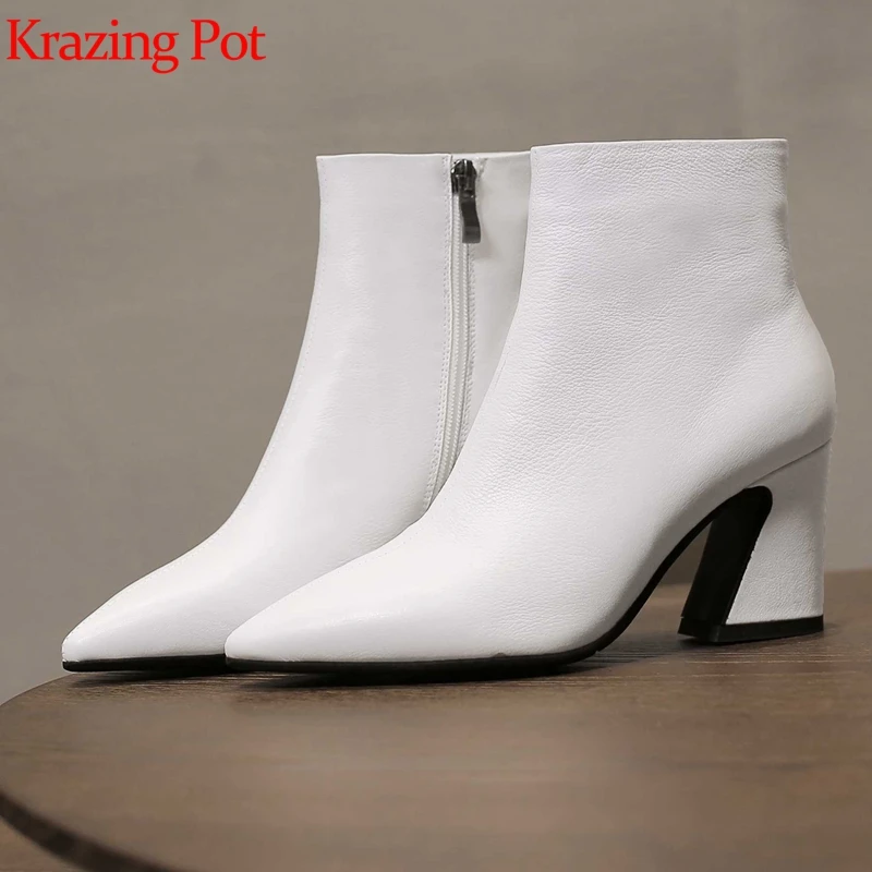 

Krazing pot new genuine leather pointed toe zipper plus size high heels ankle boots original design keep warm Chelsea boots L1f1