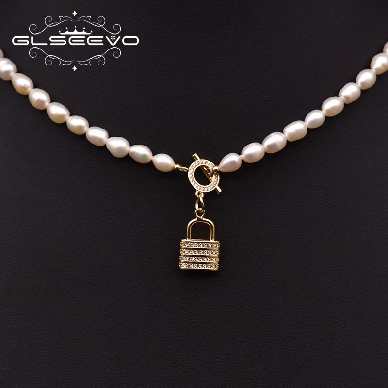 GLSEEVO-순수 천연 담수 진주 여성 지르콘 잠금 핀 펜던트 목걸이, 웨딩 파티 생일 선물 GN0288B