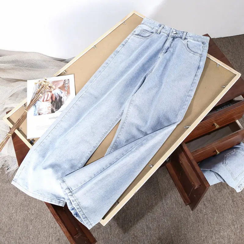 

Light Blue Denim Trousers Vintage Wide Leg Pants Women Korean Straight Long Pants High Waist Casual Loose With Belt 2020 Autumn