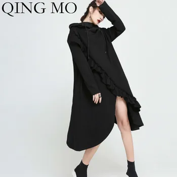 

QING MO Women Black Solid Sweatshirt Dress With Agaric Laces Women Irregular Hooded Sweatshirt Dress 2020 Spring ZQY1220